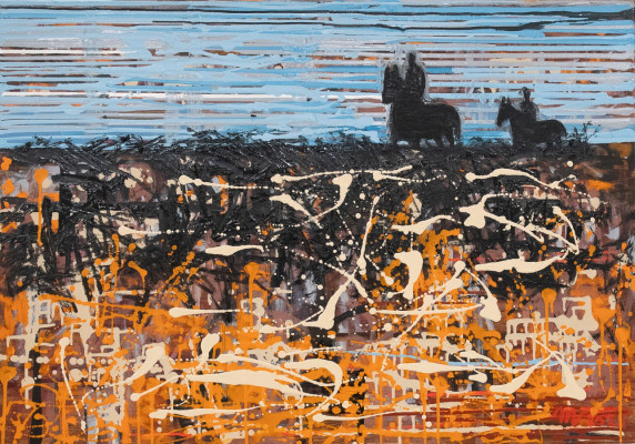 Matthias Wegehaupt, Verheertes Land und zwei Reiter, 2025 <br /> Öl/Acryl auf Gewebe, 70 x 100 cm, <br /><strong> Startpreis 2.500 € </strong>