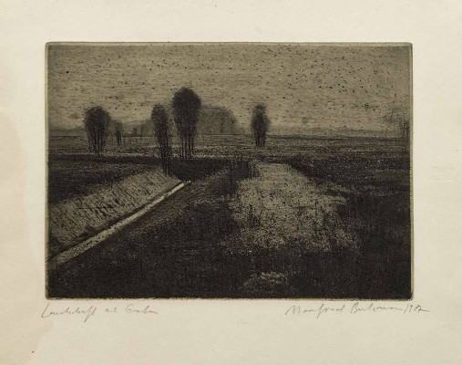Manfred Butzmann, Landschaft mit Graben, 1987 <br /> Radierung, 17,5 x 25 cm, <br /><strong> Startpreis 180 € </strong><br /><strong>VERKAUFT</strong>