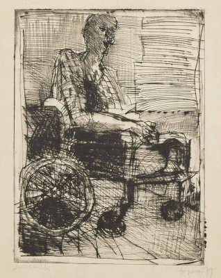 unbekannt, Im Rollstuhl, 1979 <br /> Kaltnadelradierung, 20 x 15 cm, <br /><strong> Startpreis 110 € </strong>