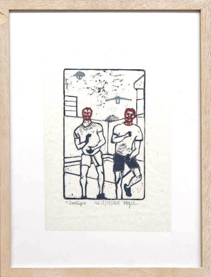 Heidi Vogel, Darlings, 2025 <br /> Holzschnitt, 3 Farben, 12,5 x 20 cm, Unikat , Handabzug, Rahmen optional 40 € <br /><strong> Startpreis 240 € </strong>