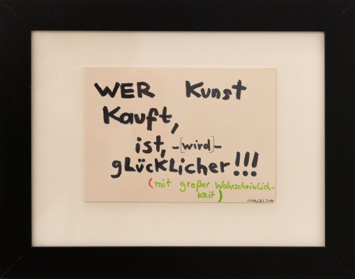 NÄNZI (Sybille ) Reichert, Wer Kunst kauft, 2010 <br /> diverse Stifte auf Karton, 10,5 x 15 cm, signiert, datiert Rahmen inkl. <br /><strong> Startpreis 110 € </strong>