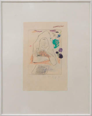 Günter Blendinger, Lesende 3, 2023 <br /> Kaltnadelradierung. Farbstifte, Gouache, B.21,5 x 15,5 cm, Rahmen optional 25 € <br /><strong> Startpreis 180 € </strong>