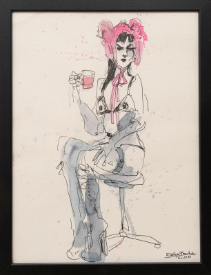 Christian Badel, Muse tree Evelyn, 2024 <br /> Tuschzeichnung, Aquarell, 20,7 x 42 cm, Rahmen optional 10 € <br /><strong> Startpreis 180 € </strong>