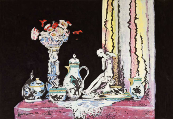 Karen Koschnick, Still-Leben in Rosé, 2024 <br /> Siebdruck auf Leinwand, 75 x 110 cm <br /><strong> Startpreis 600 € </strong><br /><strong>VERKAUFT</strong>