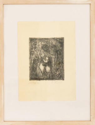 Petra Flierl, Madame, 1991 <br /> Radierung, 14 x 15 cm, Rahmen optional 10 € <br /><strong> Startpreis 190 € </strong>