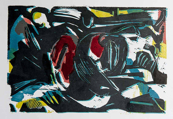 Annette Gundermann, Nachtschwarm, 1990 <br /> Farbholzschnitt, handcoloriert, im Passepartout E.A., 34 x 48 cm <br /><strong> Startpreis 220 € </strong>