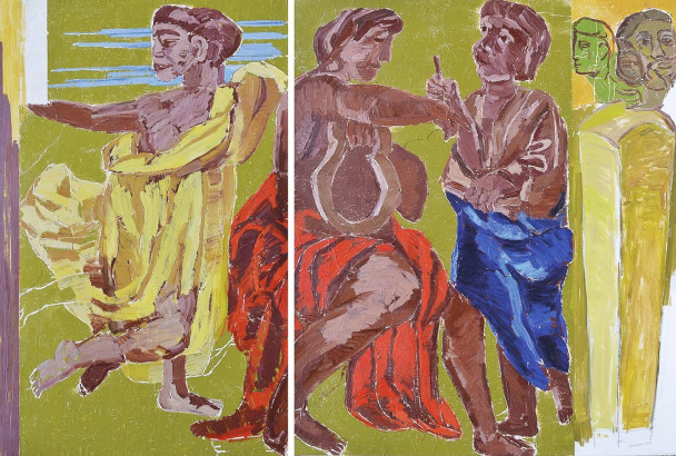 »Der Dichter«, Bild 1, 2019<br/>
Linoldruck übermalt auf Leinwand, 170 x 105 cm<br/>
»Der Dichter«, Bild 2, 2019<br/>
Linoldruck übermalt auf Leinwand, 170 x 135 cm