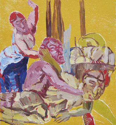 »Baccanale 3«, 2019<br/>
Linoldruck übermalt auf Leinwand, 110 x 95 cm