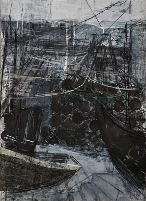 Bedrohung – Überfahrt (zu Schostakowitsch) · 2015<br/> Mischtechnik auf Papier · 134 x 94 cm