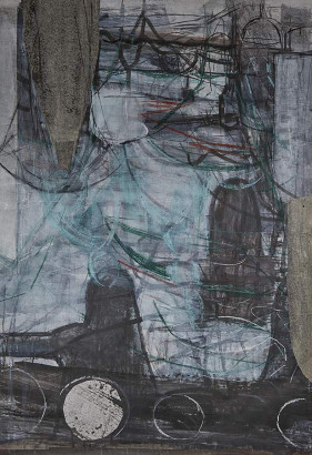 Bedrohung – Todesglocke (zu Schostakowitsch) · 2015<br/> Mischtechnik auf Papier · 140 x 106 cm