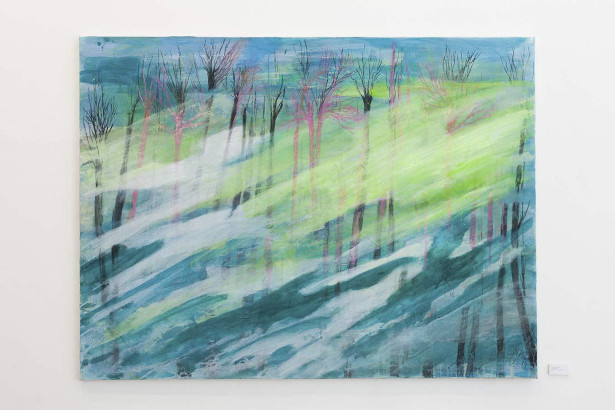 Sibirische Birken im Nebel, 2019<br/>
Acryl, Kreide Kohle auf Leinwand 120x160 cm