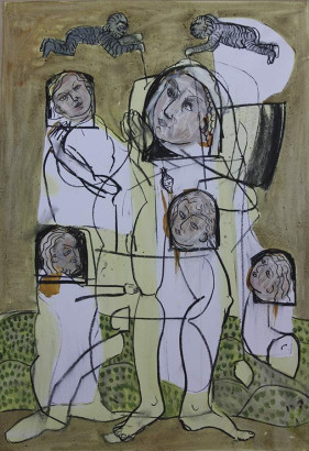 »Mutter und Männer«, 2019<br/>
Mischtechink auf Papier, 95 x 65cm