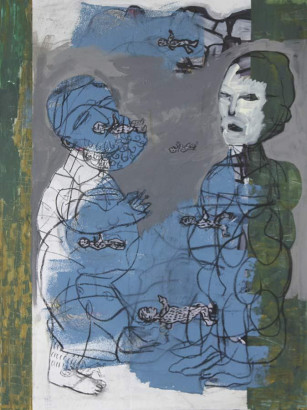 »Blaubärtiger Mann«, 2019<br />
Mischtechnik auf Leinwand, 120 x 90cm