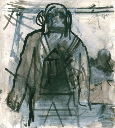 o.T., 2019<br/>
Tusche, Farbstift, Aquarell auf Papier, 26,5 x 24 cm