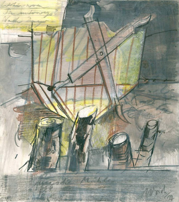 Russische Mühle · 2017<br/>
Feder. Tusche, Deckweiß, Farbstift auf Papier, 27 x 24 cm