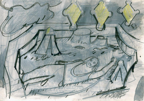 Lager · 2017<br/>
Feder. Tusche, Deckweiß, Farbstift auf Papier, 21 x 29,7 cm