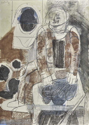 »Das Bett«, 2019<br/>
Mischtechnik auf Papier, 70 x 50 cm