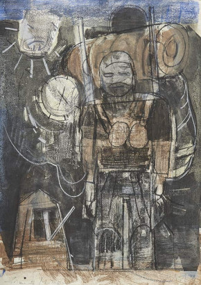 »Mann mit Metronom II«, 2019<br/>
Mischtechnik auf Papier, 70 x 50 cm