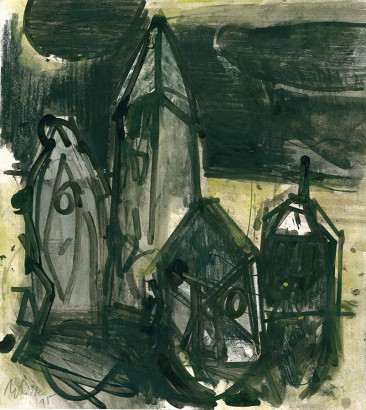 Stadt · 2015<br/>
Feder, Tusche, Farbstift, Aquarell auf Papier, 27 x 24 cm