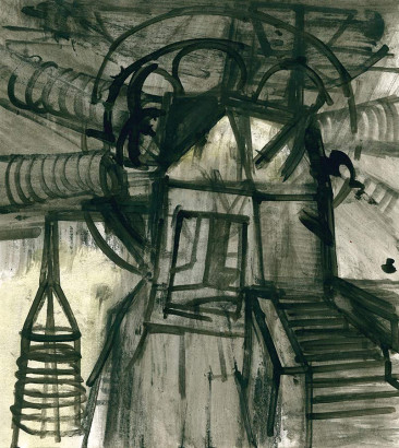 Stadt II · 2015<br/>
Feder, Tusche, Farbstift, Aquarell auf Papier, 27 x 24 cm